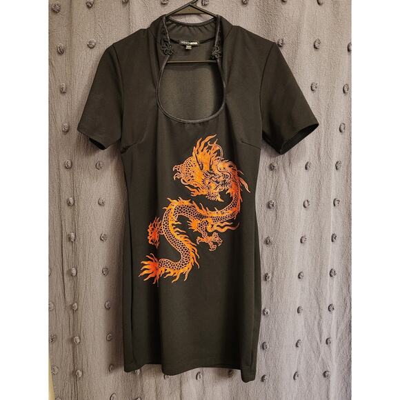 FASHION NOVA Bodycon Mini Dress Womens XL Black Orange PUFF OF THE DRAGON FLAWED - Picture 1 of 11